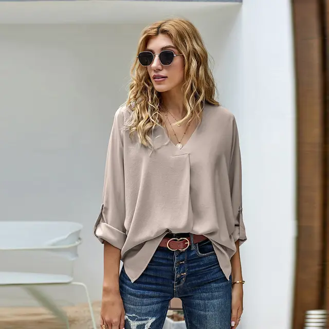 Fashion Solid Color V neck Long sleeved Casual Loose Shirt Apricot - Shop at LoveMi