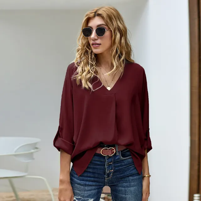 Fashion Solid Color V neck Long sleeved Casual Loose Shirt Wine Red - Shop at LoveMi