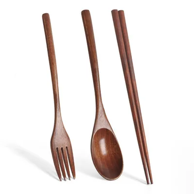 Long Handle Couple Spoon Chopsticks Portable Tableware Brown - Shop at LoveMi
