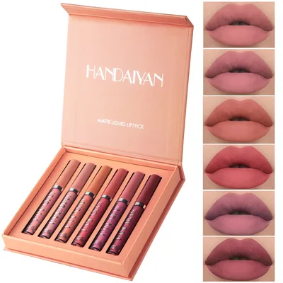 Handaiyan Matte Lip Glaze Liquid Lipstick Mini Tube Lip Gloss Waterproof Non Stick Cup Lip Gloss Genuine 6Pcs B Set - Shop at LoveMi