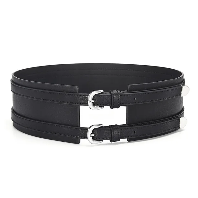 Double Buckle Pin Buckle Wide Belt Decorative Dress Black - Shop at LoveMi