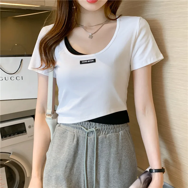 Style Simple Short Fake Two Short sleeved T shirts White - Shop at LoveMi