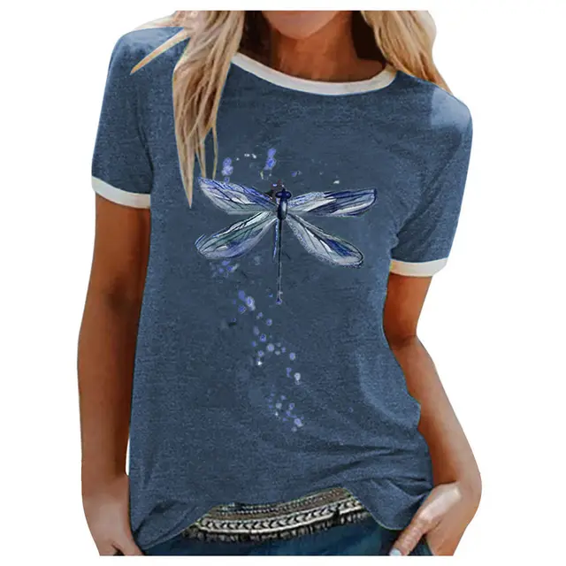 Color Block Dragonfly Print T shirt Top Blue - Shop at LoveMi
