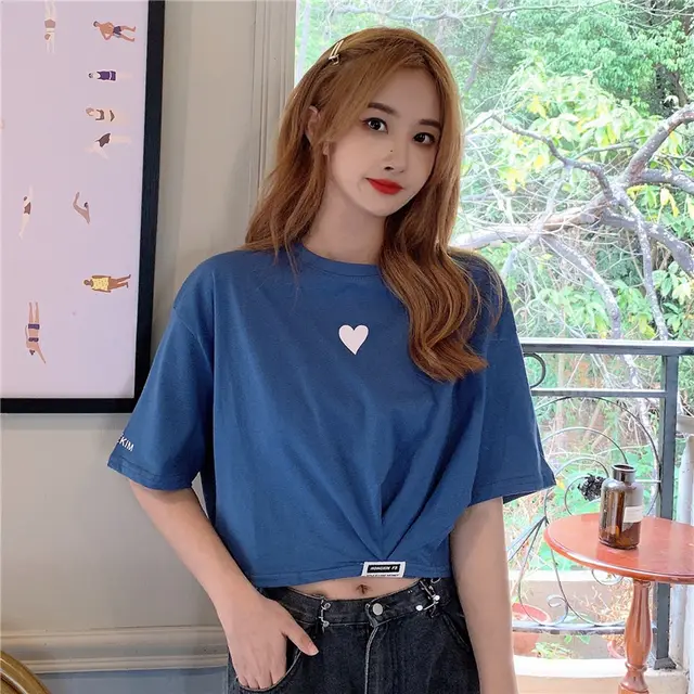 Cross border New Summer Short sleeved T Shirt Women's Design Sense, Short High Waist Crop Top, Fashionable Loose Women's Clothing Blue - Shop at LoveMi
