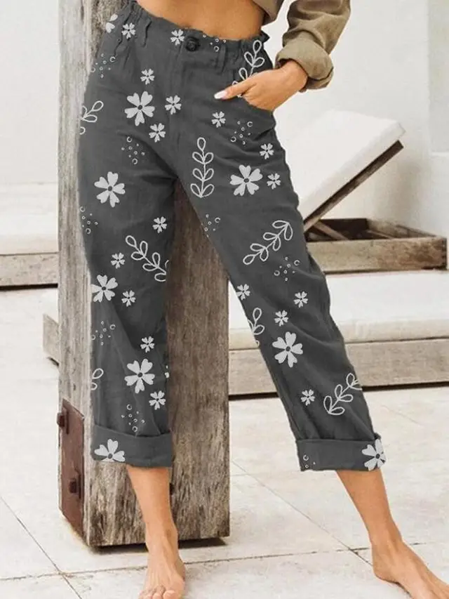 Women's Printed Straight leg Casual Pants Cropped Trousers Dark Grey - Shop at LoveMi