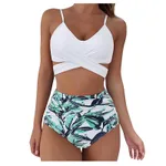Cross Strap High Waist Printed Split Ladies Bikini - E-Xl