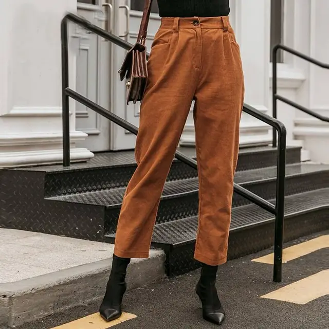 Pure Color Light Cooked Corduroy Cropped Trousers Brown - Shop at LoveMi