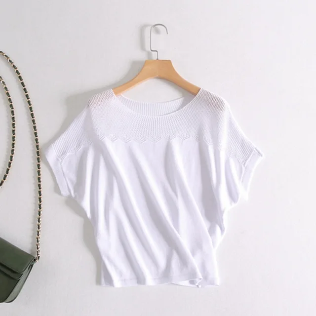 Women's Short sleeved Knitted Simple Ice Silk Loose Top White - Shop at LoveMi