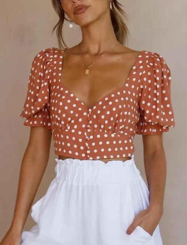V Neck Short Sleeved Thin Polka Dot Printed Chiffon Top Puff Sleeves Orange - Shop at LoveMi
