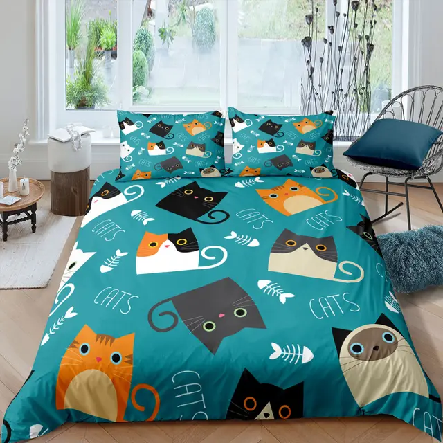 Cartoon Cat 3D High definition Digital Printing Duvet Cover Cross border Foreign Trade Three piece Bedding Set C Style - Shop at LoveMi