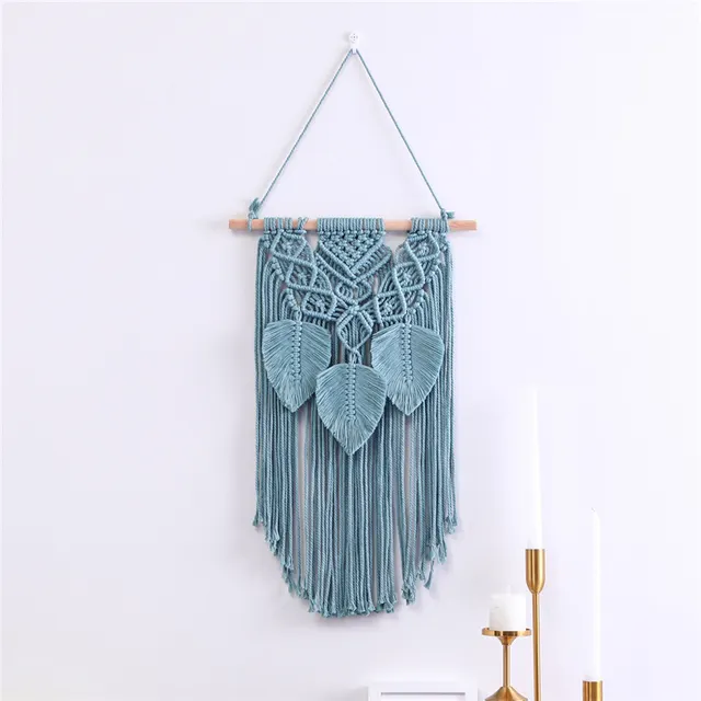 Cotton Rope Tassel Leaf Ornaments Hand woven Tapestry Living Room Bedroom Tapestry Blue - Shop at LoveMi