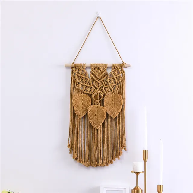 Cotton Rope Tassel Leaf Ornaments Hand woven Tapestry Living Room Bedroom Tapestry Caramel - Shop at LoveMi