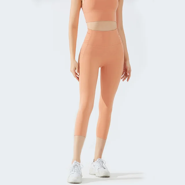 Nude Fitness Pants Women High Waist Sports Tight Cropped Pants Orange - Shop at LoveMi
