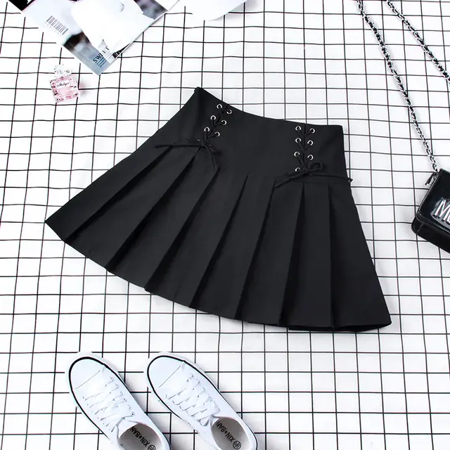High Waist Tie Pleated Skirt Plaid Skirt Black - Shop at LoveMi