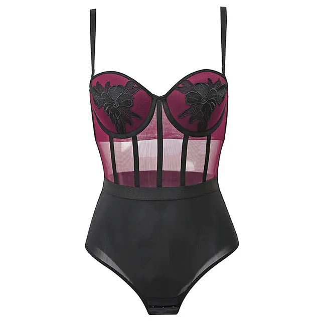 Sexy Heavy Industry Embroidered One piece Underwear, Self cultivation Gathered With Steel Support, Breathable Hollow Wine Red - Shop at LoveMi