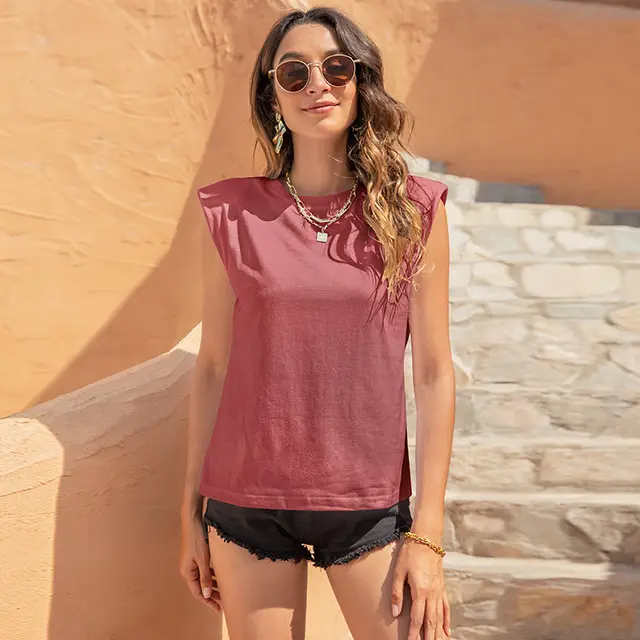 Round Neck Casual Solid Color Sleeveless Vest Pink - Shop at LoveMi