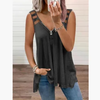 Sexy V Neck Zipper Sleeveless Vest Solid Colour T Shirt Women - Grey