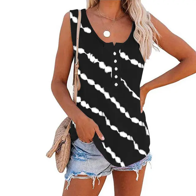 Women's Casual Round Neck Diagonal Stripe Neckline Button Sleeveless T Shirt Vest Black - Shop at LoveMi