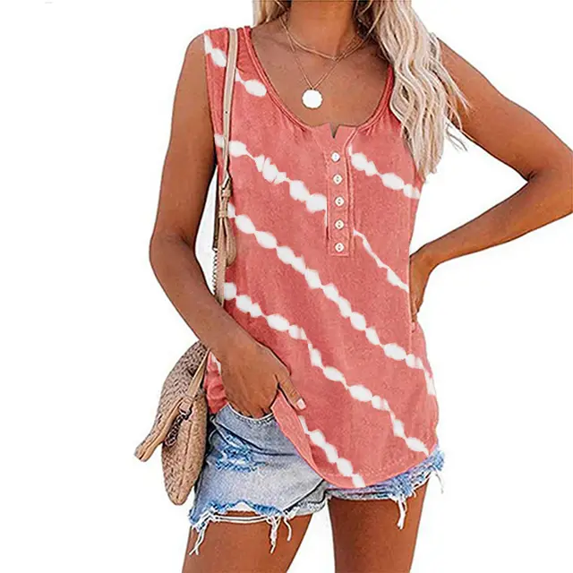 Women's Casual Round Neck Diagonal Stripe Neckline Button Sleeveless T Shirt Vest Light Pink - Shop at LoveMi