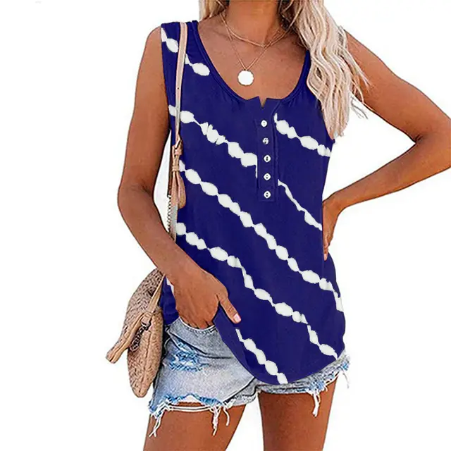 Women's Casual Round Neck Diagonal Stripe Neckline Button Sleeveless T Shirt Vest Navy Blue - Shop at LoveMi