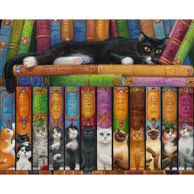 DIY Cat Theme Diamond Painting, Cross Stitch, 5D Bookcase, Mosaic, Cat Book, Full Square Diamond, Icon, KBL Embroidery Square 70X50Cm - Shop at LoveMi