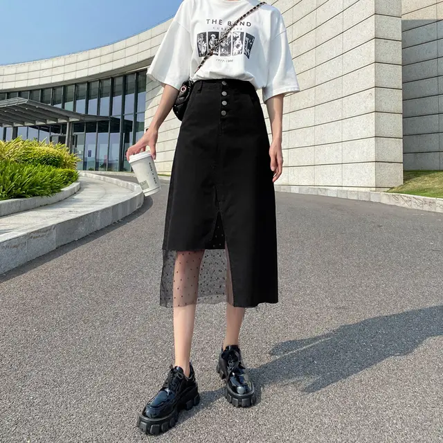 Black Split Denim Skirt Female Summer New High Waist Mid length Irregular Bag Hip A line Mesh Skirt Black - Shop at LoveMi