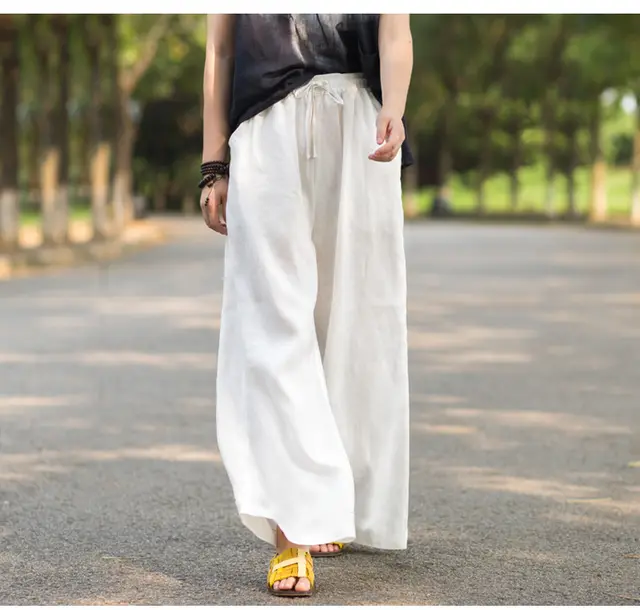 Cotton Linen Wide Legged Pants Women Loose Trousers White - Shop at LoveMi