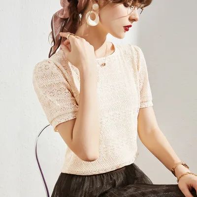 French Puff Sleeve Crew Neck Top Apricot - Shop at LoveMi