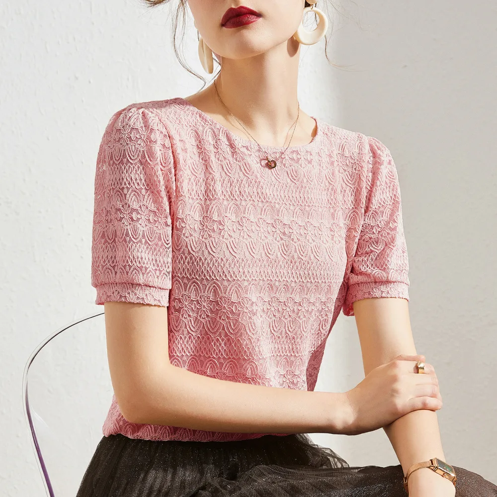 French Puff Sleeve Crew Neck Top Pink - Shop at LoveMi