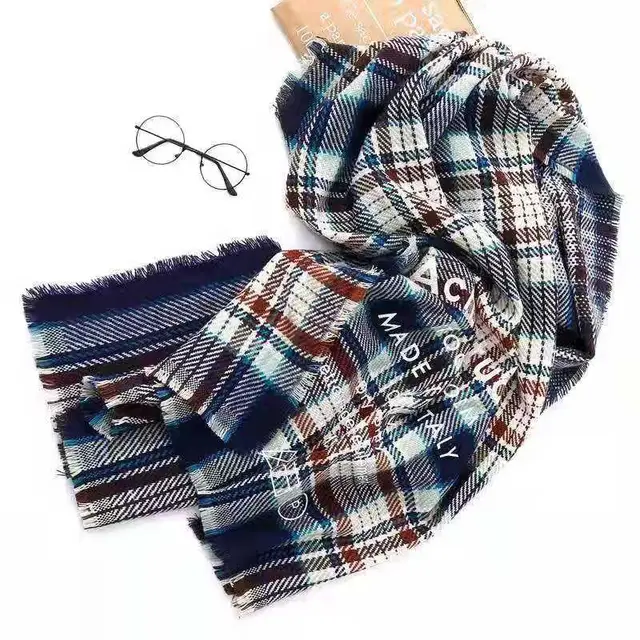 Rainbow Plaid Wool Scarf Letter Color Matching Men And Women Couple Thick Shawl Lake Blue - Shop at LoveMi