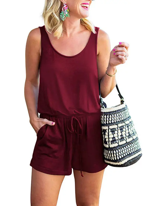 European And American Women's Fashion Striped Round Neck Vest Lace up Casual Women's Jumpsuit Red - Shop at LoveMi