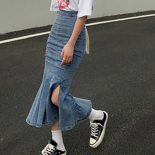 Denim Skirt Female Niche Design High Waist A line Skirt Ruffled Mid length Package Hip Fishtail Skirt Blue - Shop at LoveMi