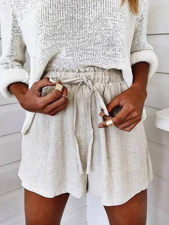Women's New Solid Color Loose Casual Shorts With Belt White - Shop at LoveMi