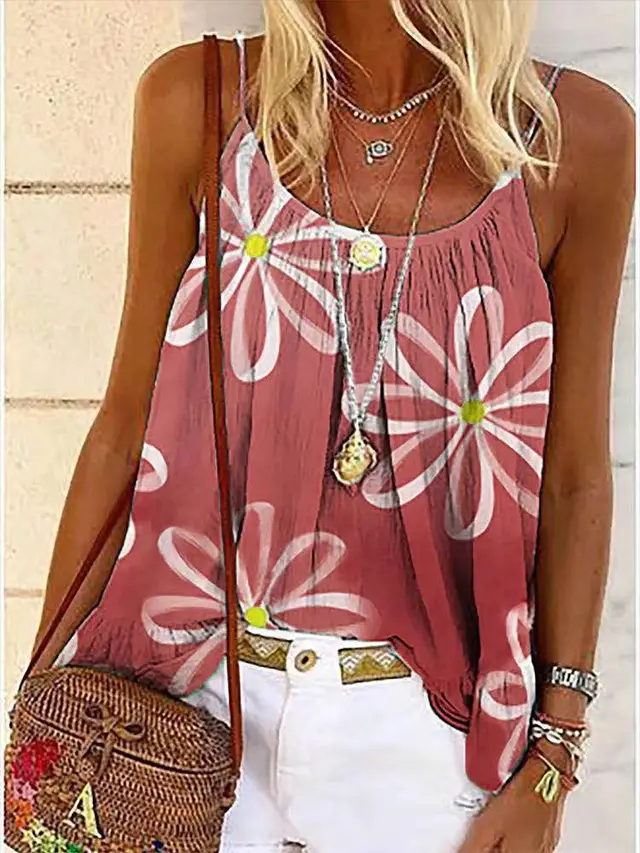 Summer Women's Print Sweet Sling Lotus Leaf Blouse Orange Red - Shop at LoveMi