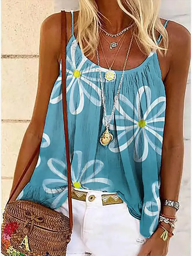 Summer Women's Print Sweet Sling Lotus Leaf Blouse Sky Blue - Shop at LoveMi