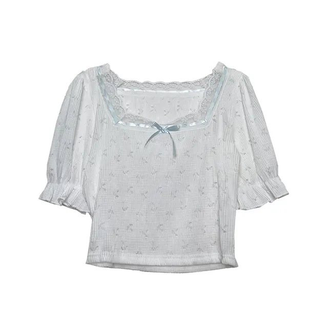 Lace Stitching Hollow Short sleeved T shirt Bowknot Pure Desire Girl Top Trend White - Shop at LoveMi