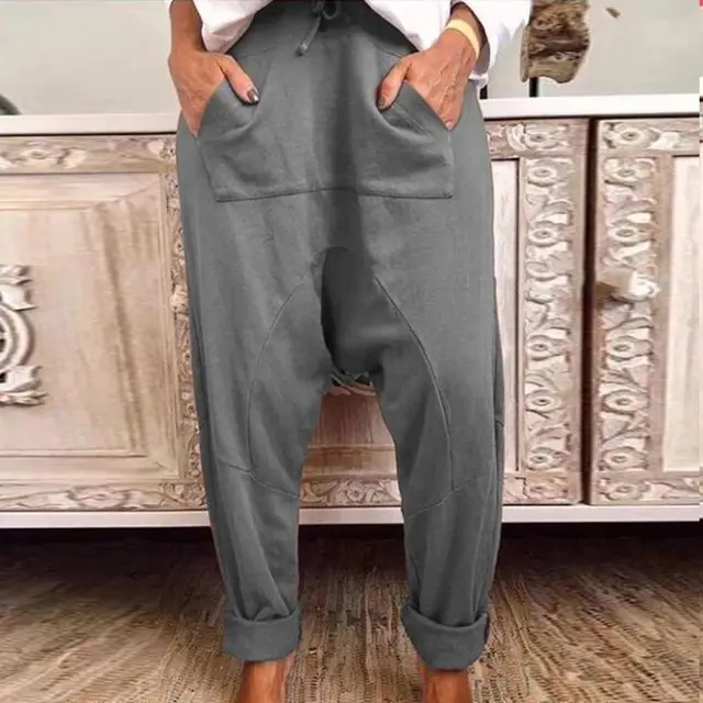New Style Casual Suspender Pants Fashion Lace Up Harem Pants Women Trousers Grey - Shop at LoveMi