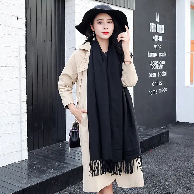 Scarf Women Autumn And Winter Tassels Thick Wild Long Style Korean Warm Shawl Black - Shop at LoveMi