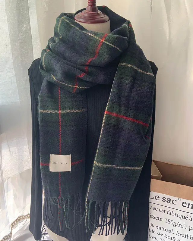Scarf Women Autumn And Winter Tassels Thick Wild Long Style Korean Warm Shawl Navy Blue - Shop at LoveMi