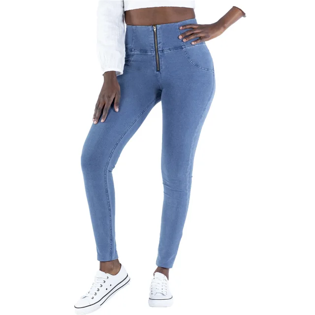 Sports Peach Pants Women's High Waist Zipper Denim Hips Fitness Pants Light Blue - Shop at LoveMi