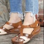 Round Toe Wedge Heel Hollow Large Sandals - Brown