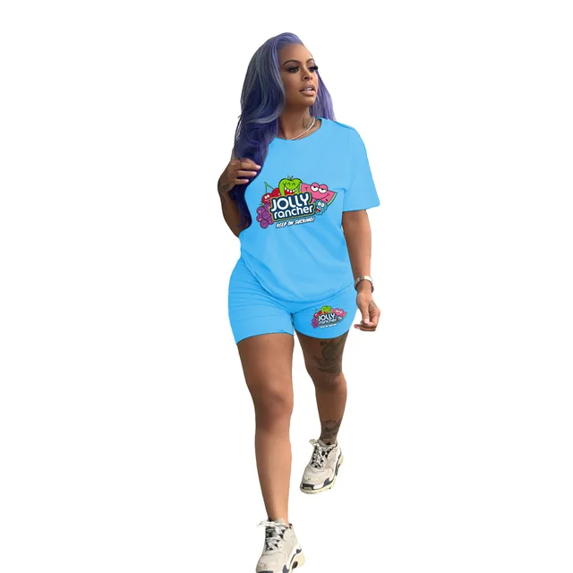 Women's Fashion Casual Solid Color Pattern Printing Short Sleeve Shorts Two piece Suit Light Blue - Shop at LoveMi