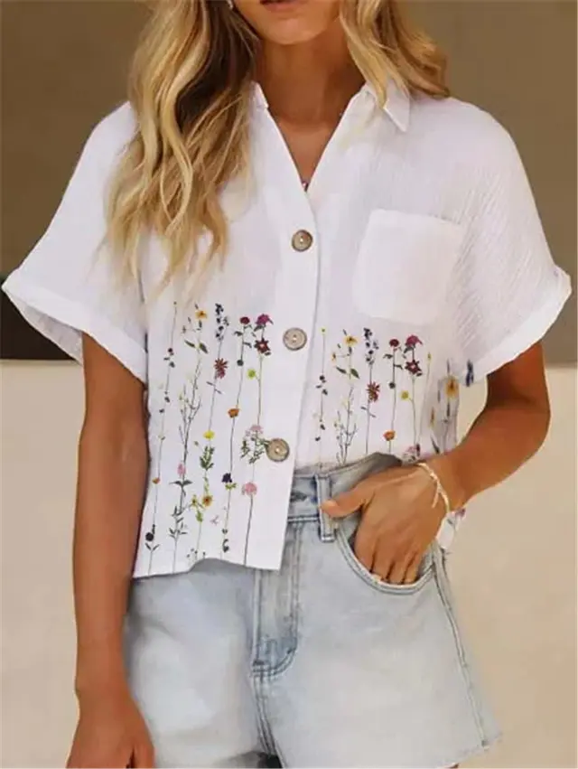 Women's White Print Lapel Summer Short Sleeved Casual Shirt 1.White - Shop at LoveMi