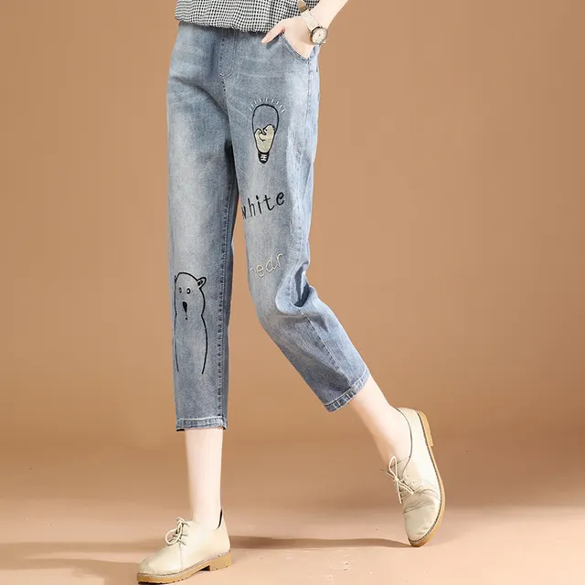 Elastic Waist Embroidery Cropped Jeans Women Summer Thin Section Blue - Shop at LoveMi