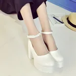 Womens Pumps Shoes Ankle Strap Thick With Heel Platforms - White