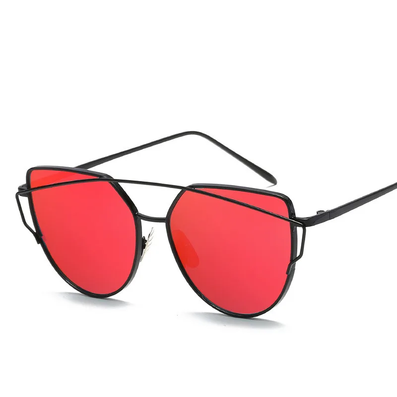 Cat Eye Reflective Women's Sunglasses Round Face Trendy Sunglasses - Black Frame Dazzling Red Film