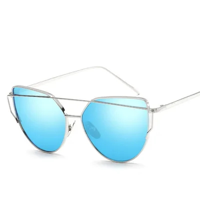 Cat Eye Reflective Women's Sunglasses Round Face Trendy Sunglasses Silver Frame Blue Film - Shop at LoveMi