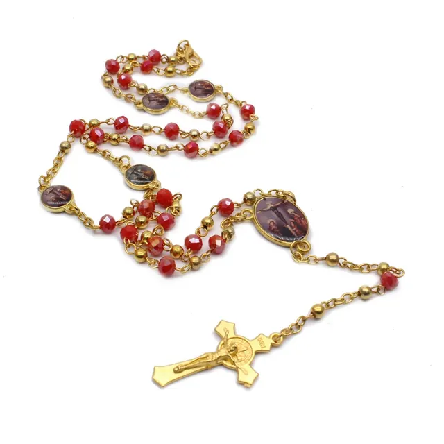 QIGO Crystal Rosary Necklace For Women Long Gold Cross Pendant Religious Jewelry Red - Shop at LoveMi