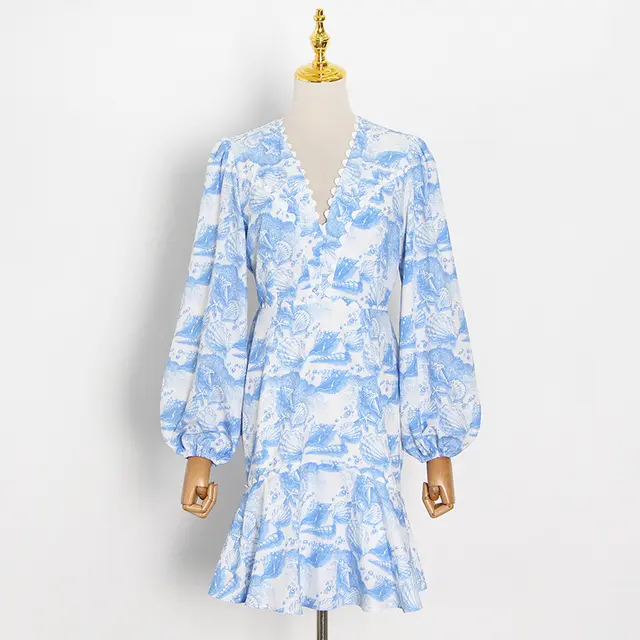 TWOTWINSTYLE Print Ruffle Slim Summer Dress For Women Blue - Shop at LoveMi