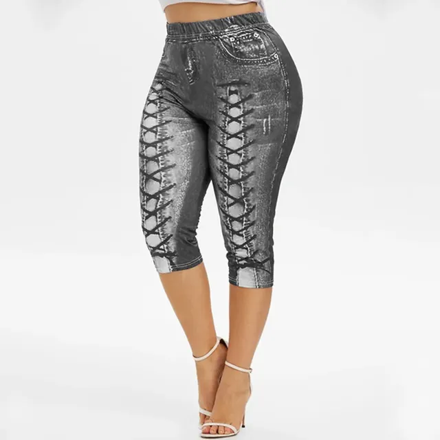 Spot Hot Digital Printing Denim Sports Pocket Leggings Yoga Pants Plus Size Gray - Shop at LoveMi